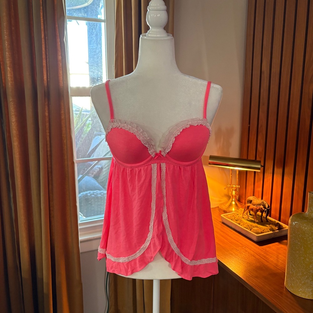 Victoria's Secret Hot Pink Lace Trim Babydoll Chemise Underwire 34B Lingerie